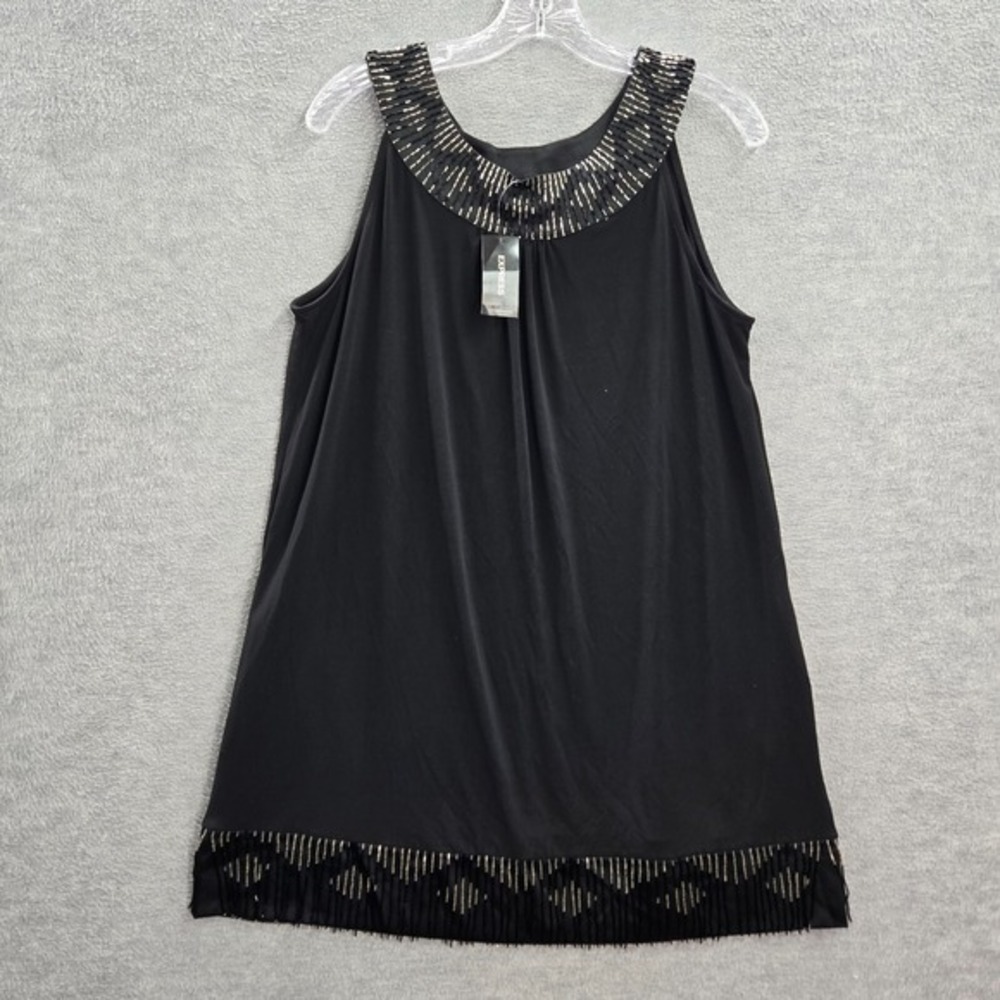 Express Women Dress Large Black‎ Beaded Aztec Mini Sleeveless NWT